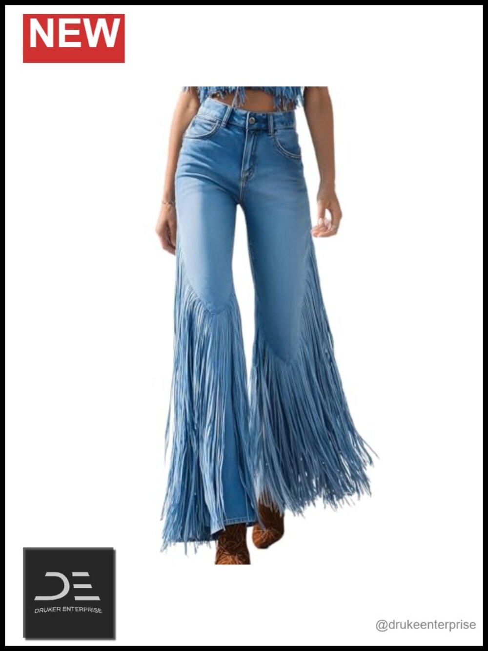 Womens Fringe Wide Leg Denim Jeans Cowgirl Festival Pants with Pockets